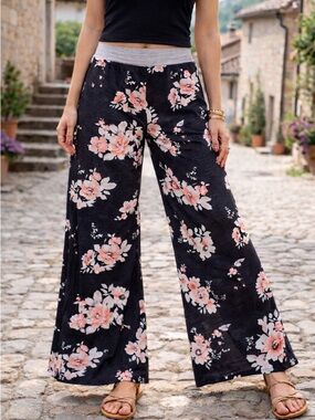 Women's Black Floral Wide-Leg Lounge Pants with Pink Blooms